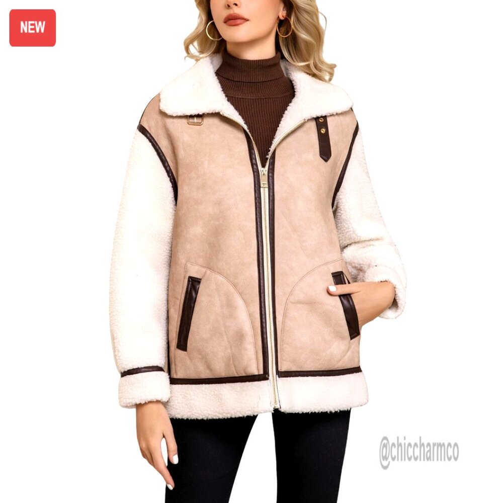 Faux Leather Patchwork Fur Lined Jacket Mid-Lengt… - image 1